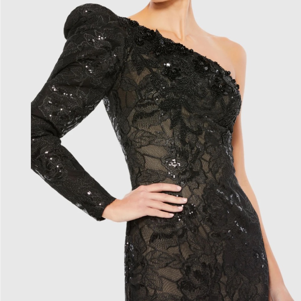 Mac Duggal one sleeve black sequin gown